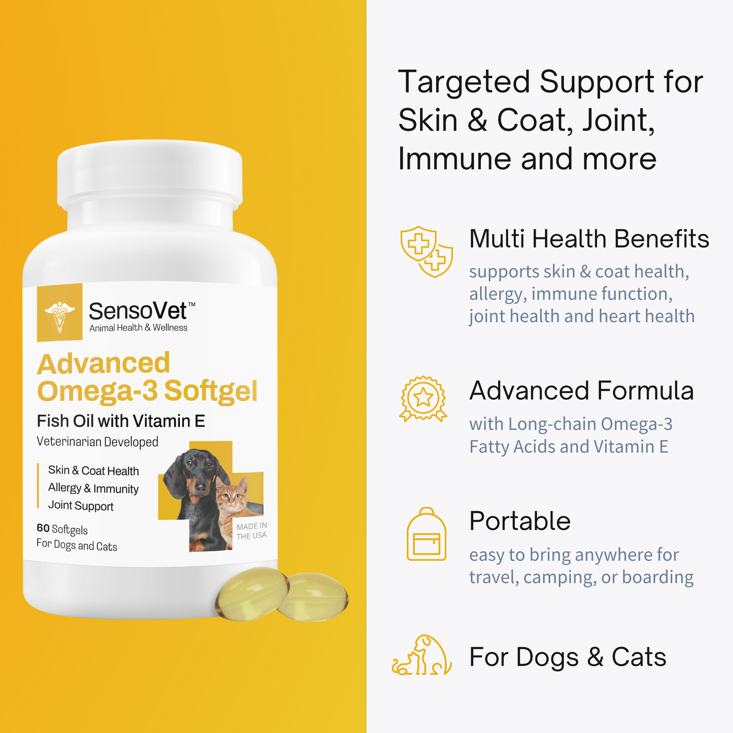 Advanced Omega-3 Softgel for Dogs & Cats - Fish Oil with Vitamin E - 60 Softgels
