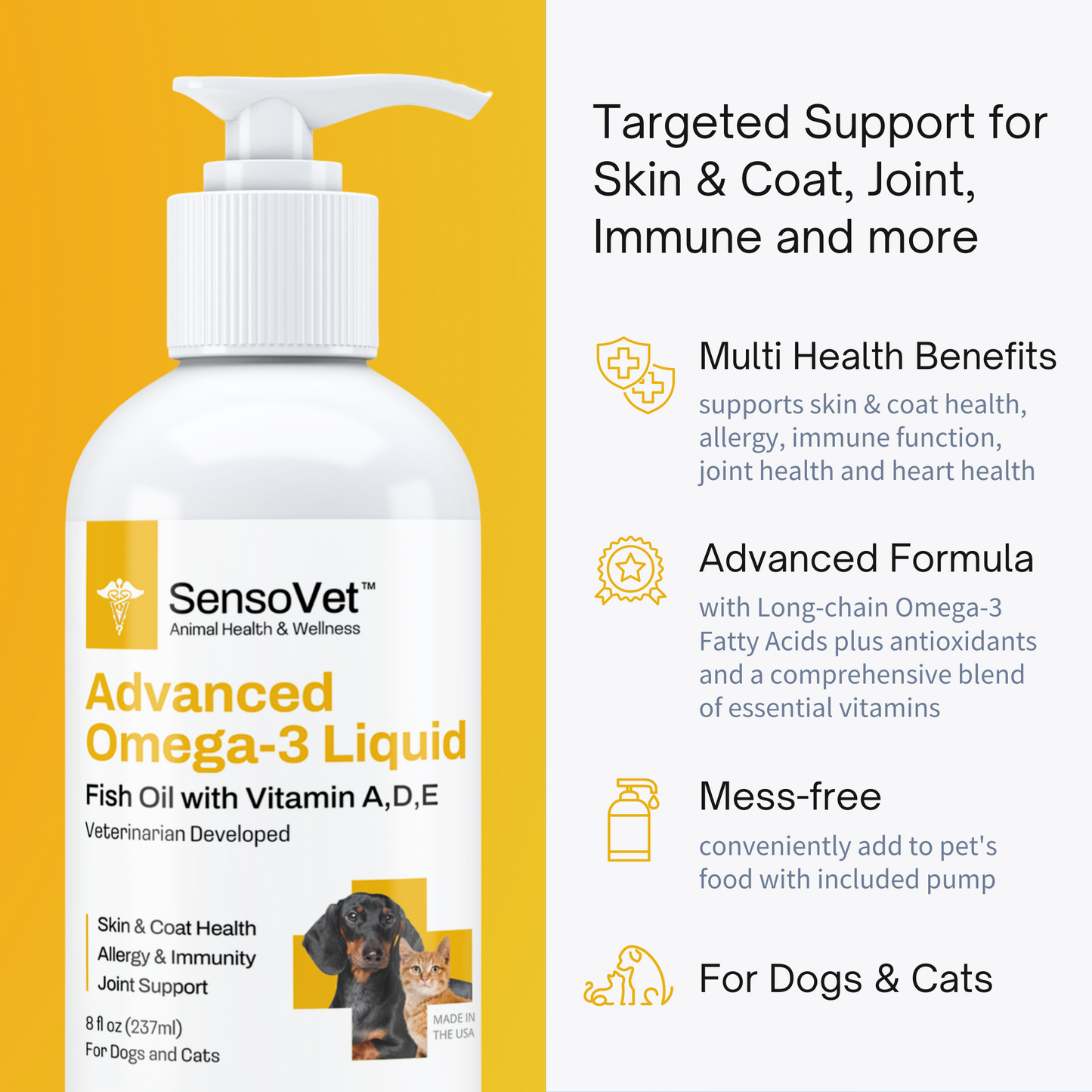 Advanced Omega-3 Liquid for Dogs & Cats - Fish Oil with Vitamins - 8oz