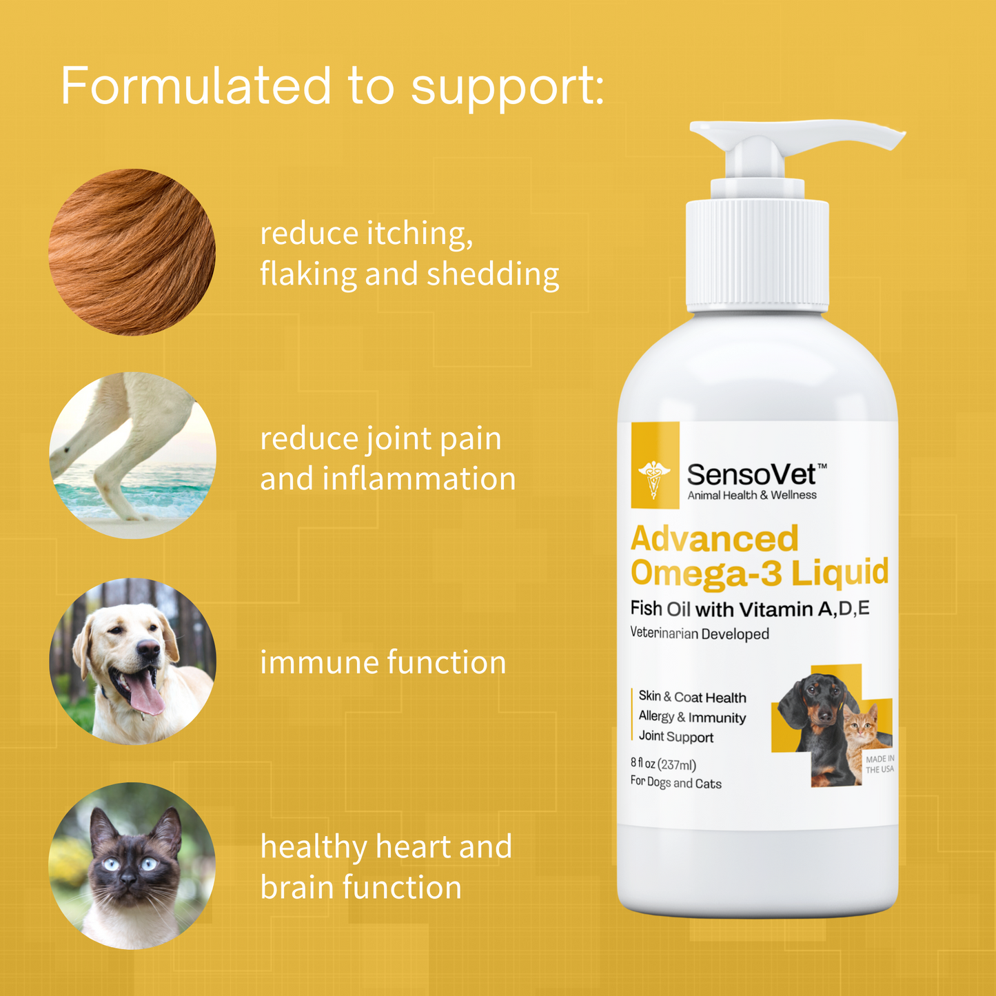 Advanced Omega-3 Liquid for Dogs & Cats - Fish Oil with Vitamins - 8oz