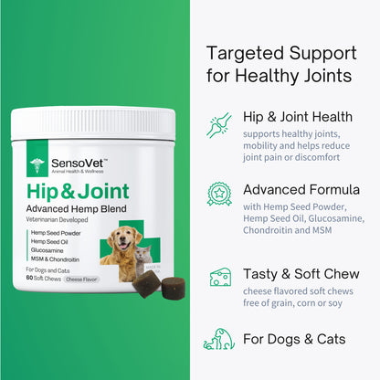 Hip & Joint Advanced Hemp Chews for Dogs & Cats - 60 Soft Chews