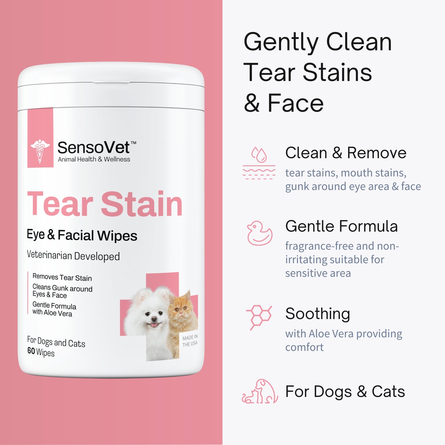 Tear Stain Eye & Facial Wipes for Dogs & Cats