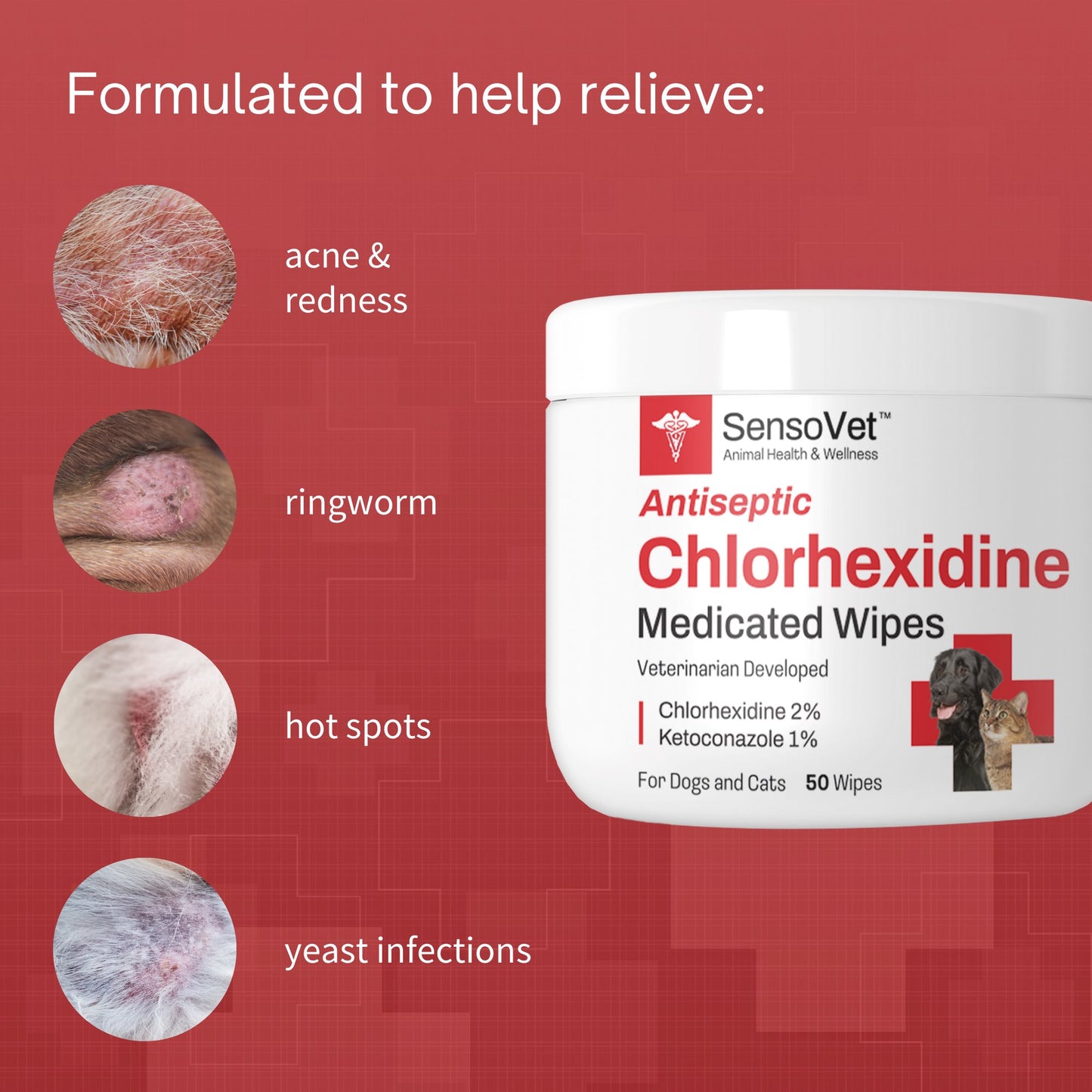 Antiseptic Chlorhexidine Wipes for Dogs & Cats - 50 Wipes