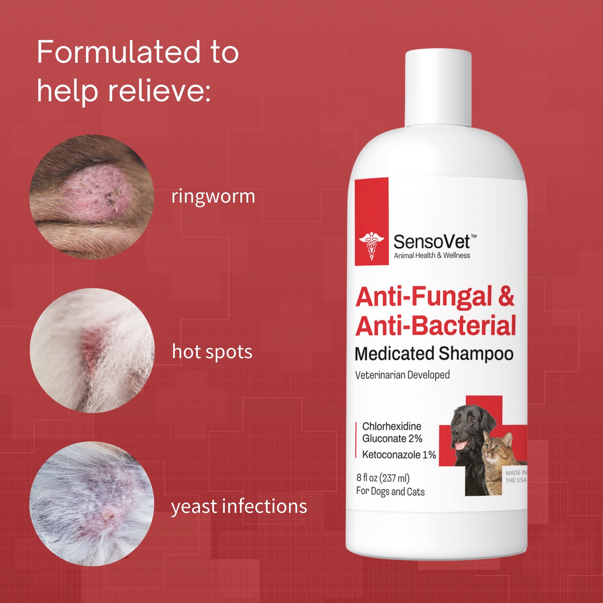 Anti Fungal Anti Bacterial Shampoo for Dogs Cats 8oz SensoVet