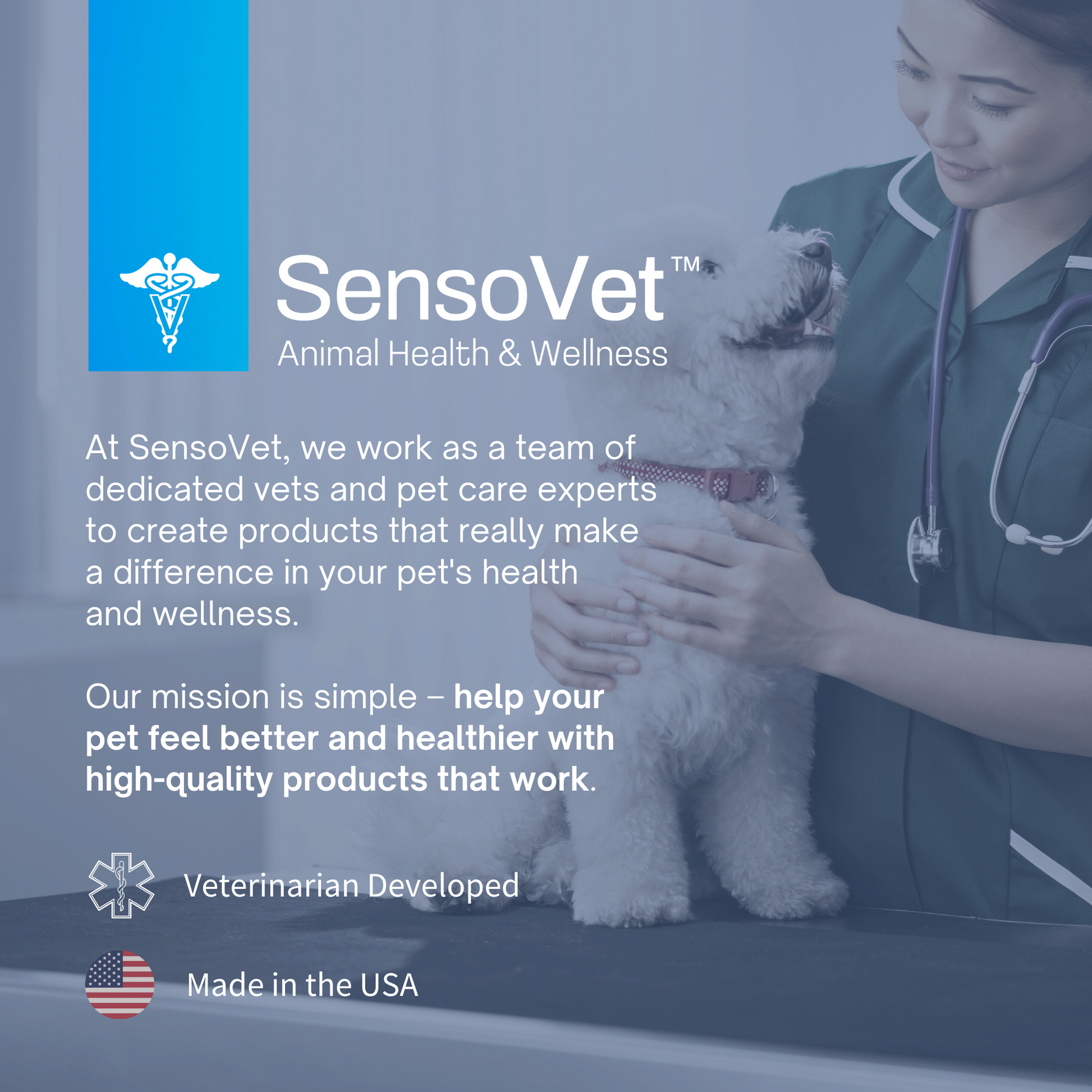 At SensoVet, we work as a team of dedicated vets and pet care experts to create products that really make a difference in your pet's health and wellness.
