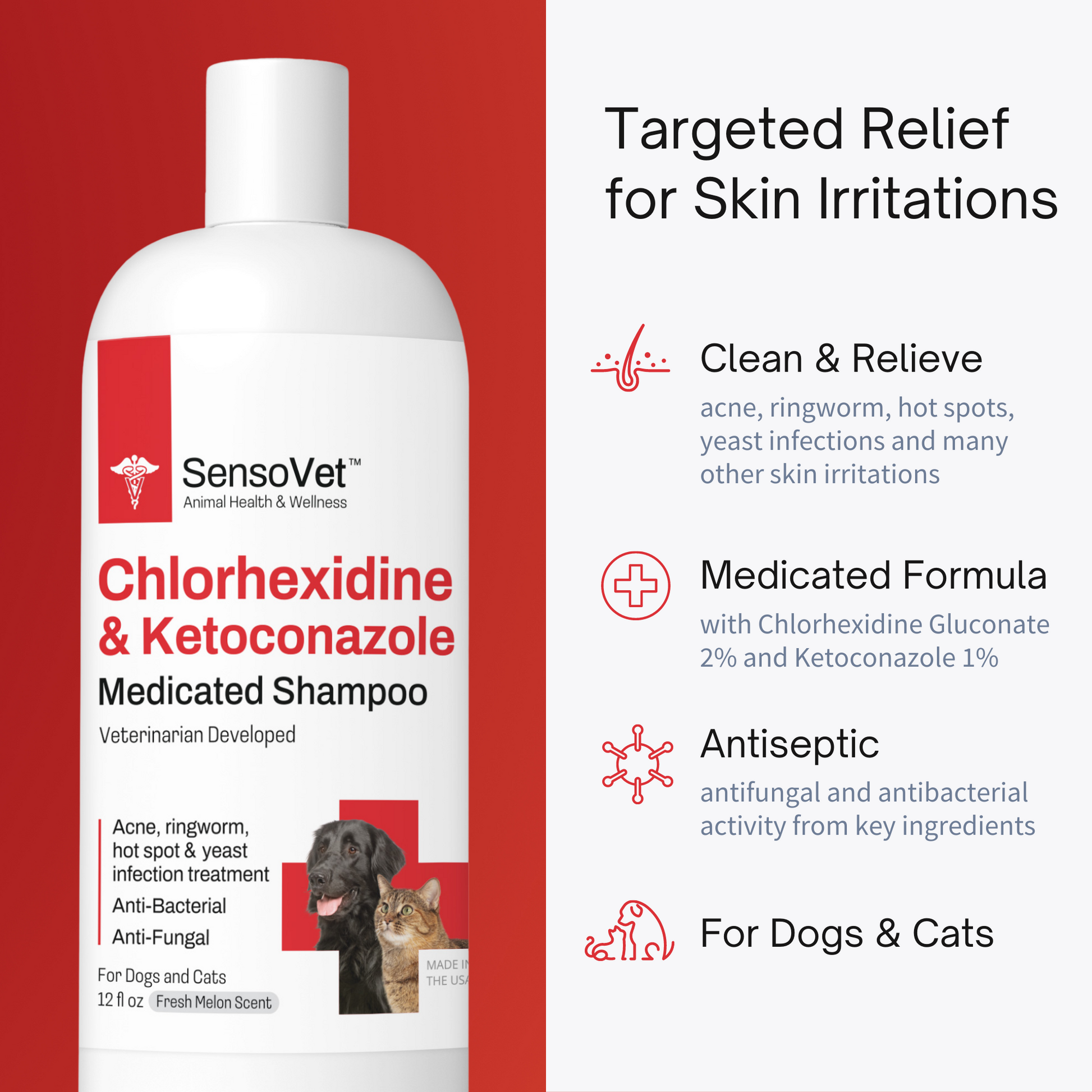 Clean and relieve acne, ringworm, hot spots, yeast infections and many other skin irritations for dog and cats