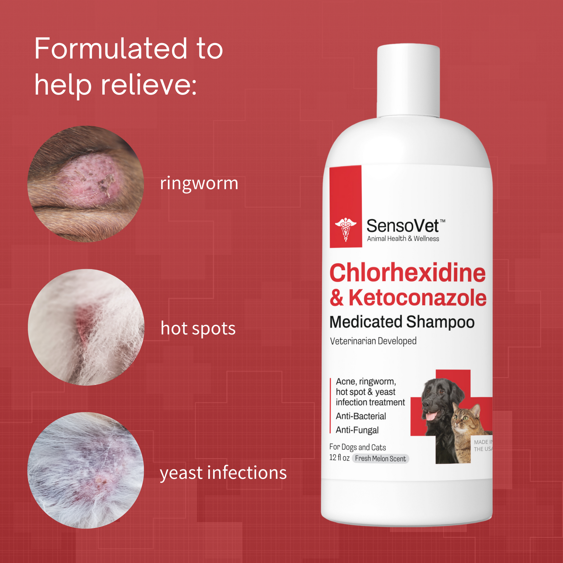 Chlorhexidine Ketoconazole Shampoo for Dogs Cats 12oz SensoVet