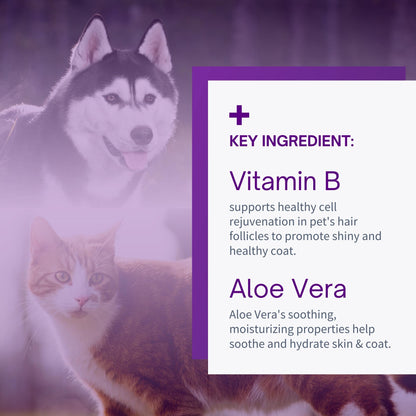 Key ingredients include Vitamin B and Aloe Vera which support healthy coat in dogs and cats