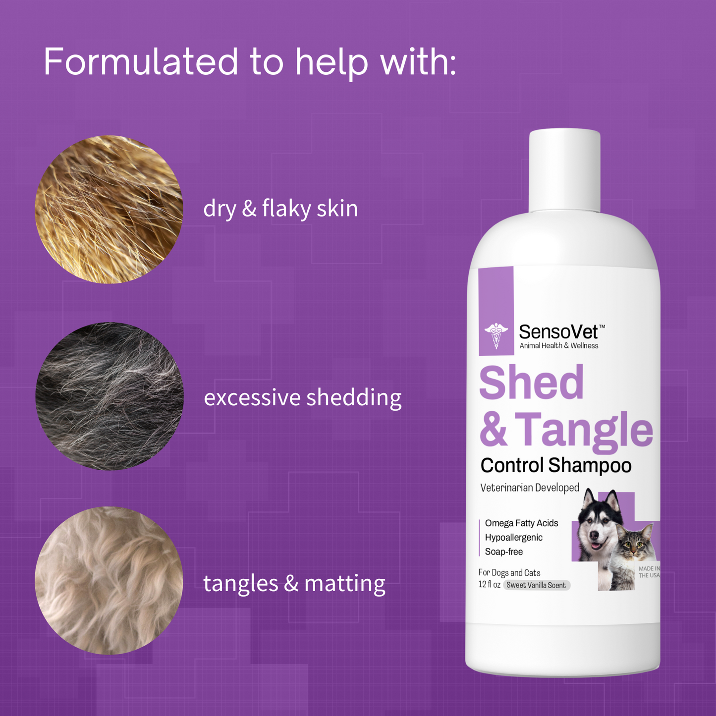 Formulated to help with dry flaky skin, excessive shedding, tangles and matting in dogs and cats