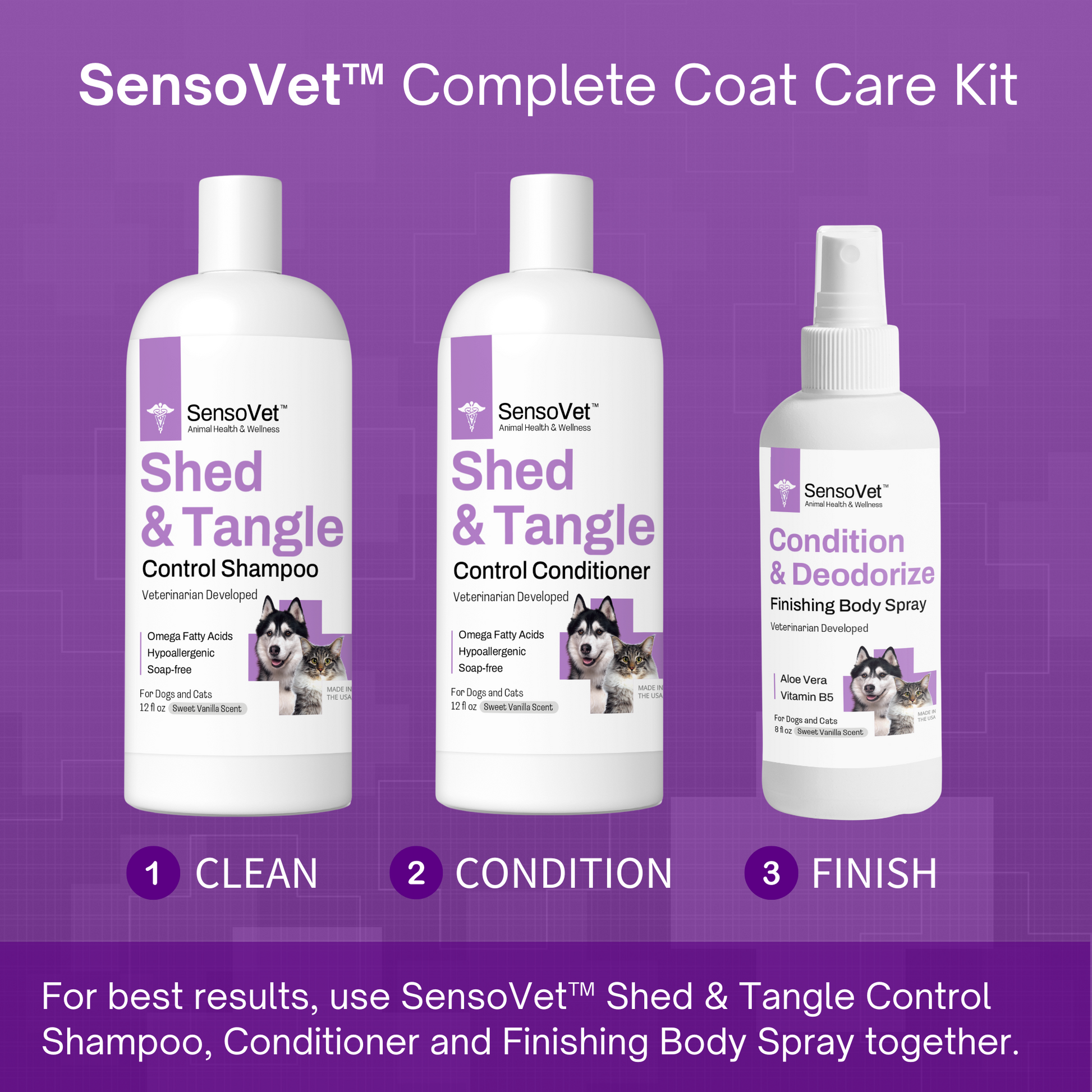 SensoVet complete coat care kit. For best results, use our shed and tangle control shampoo, conditioner, and finishing body spray together