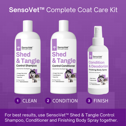 sensovet complete coat care kit to tackle your pet's shedding and tangle. for best results, use sensovet shed and tangle control shampoo, conditioner and finishing body spray together