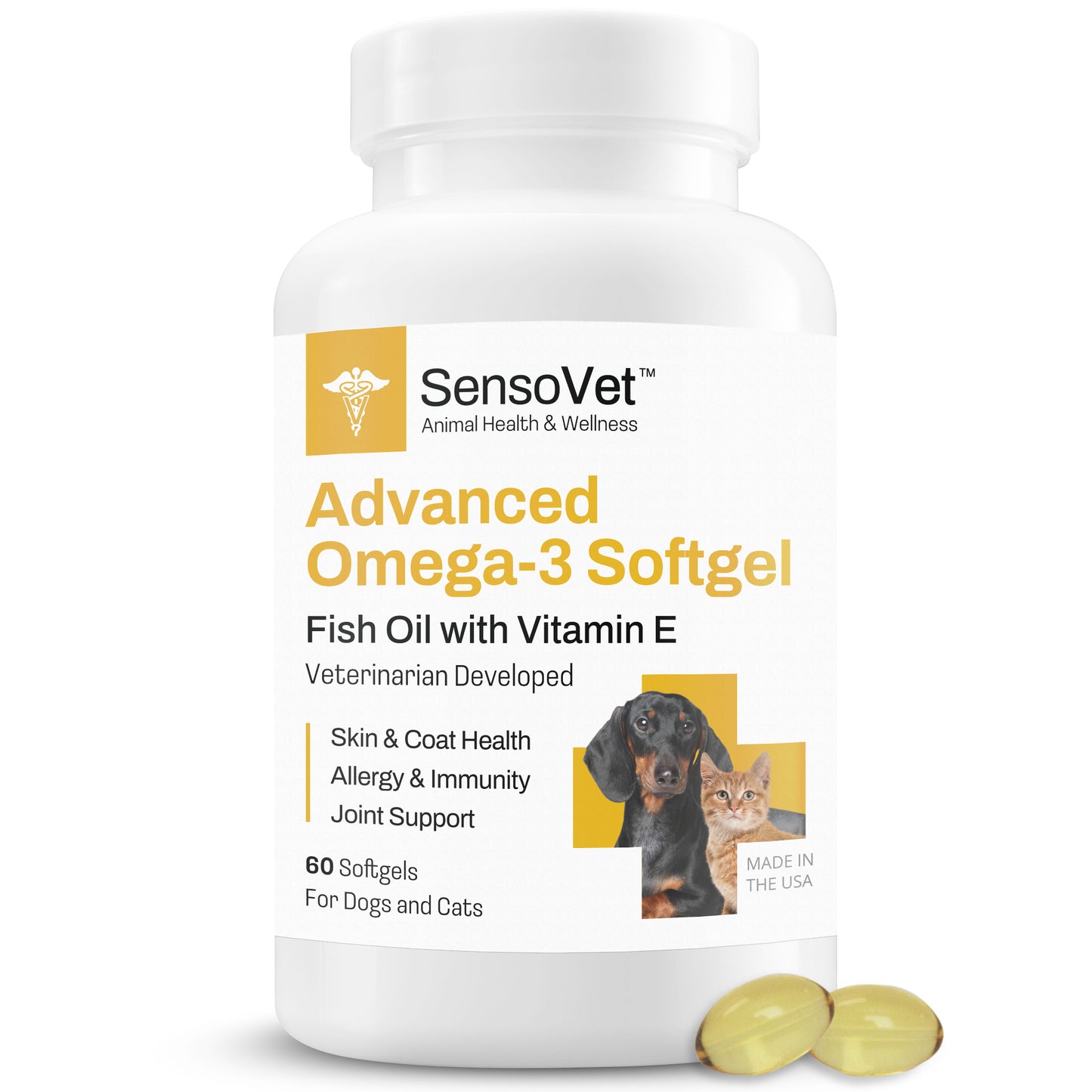 Advanced Omega-3 Softgel for Dogs & Cats - Fish Oil with Vitamin E - 60 Softgels